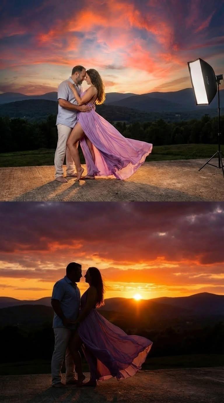 A couple embracing during a sunset session with a Vermont engagement photographer using a softbox for lighting.
