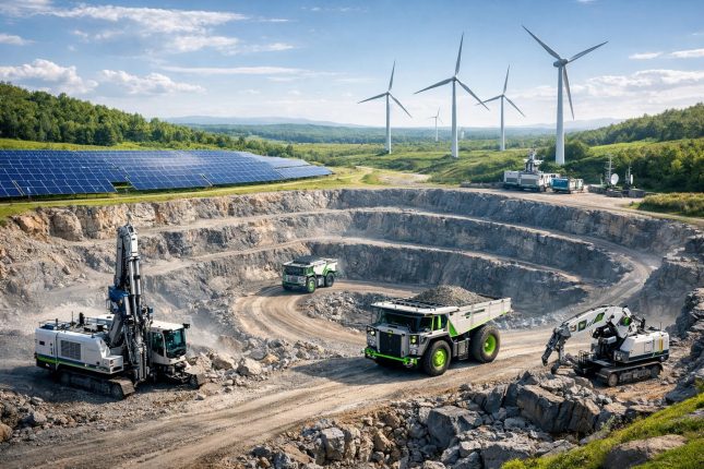 Sustainable mining operation using energy-efficient machinery, AI automation, and renewable energy sources to reduce costs and environmental impact.